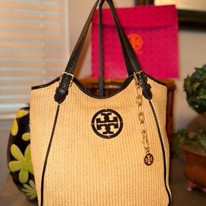 Tory Burch “Ella” Raffia Tote with Black llLeather Trim. ***SOLD***